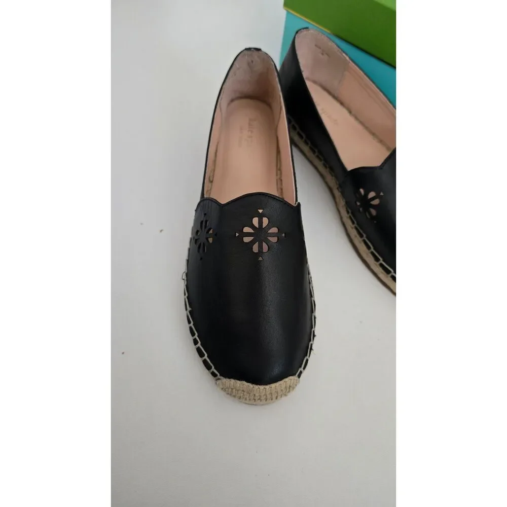 Kate Spade Gillian Black Leather Scalloped Espadrille Flats Size 7.5 NWB